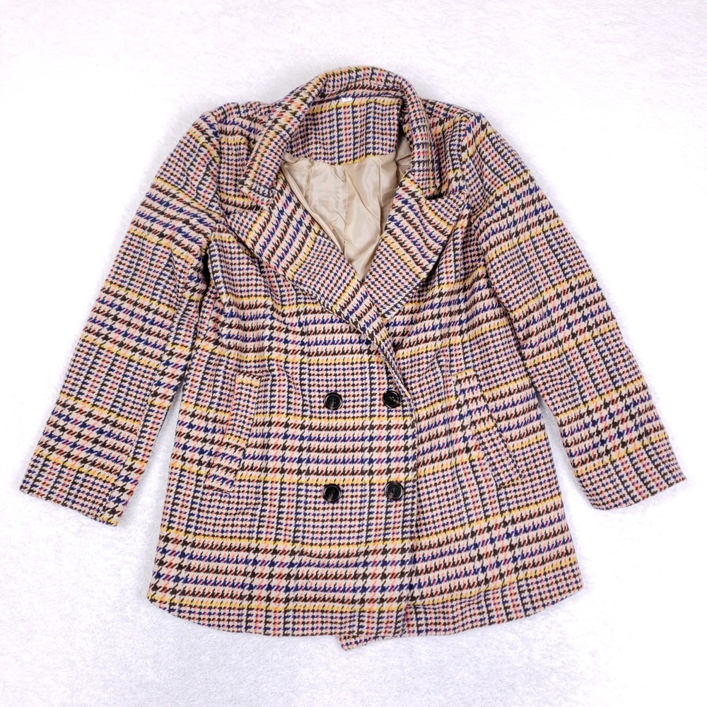 Shein Plaid Coat Womens Small Houndstooth Double Breasted Jacket Dark Academia